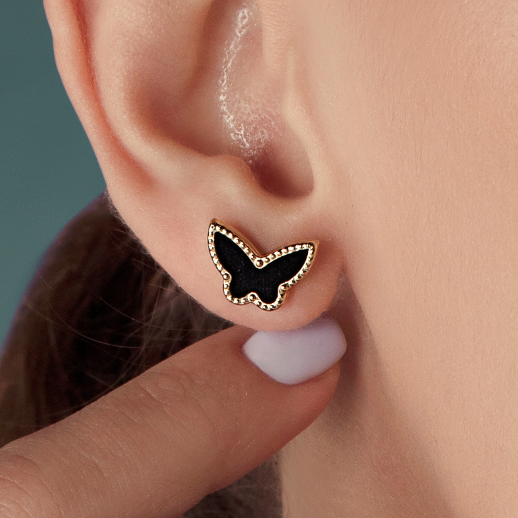 Real Gold GZVC Butterfly Black Pearl Earring Set 0115-1PK E1802