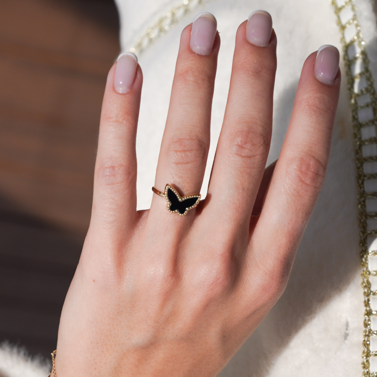 Real Gold GZVC Butterfly Black Ring 0115-1YZ (SIZE 7) R2369