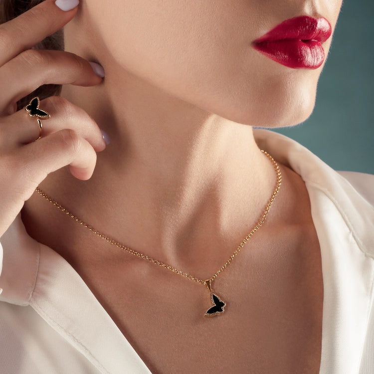Real Gold GZVC Butterfly Black Pearl Pendant With Hollow Rolo Chain 5724 0115 CWP 1865