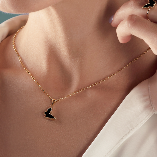 Real Gold GZVC Butterfly Black Pearl Pendant With Hollow Rolo Chain 5724 0115 CWP 1865