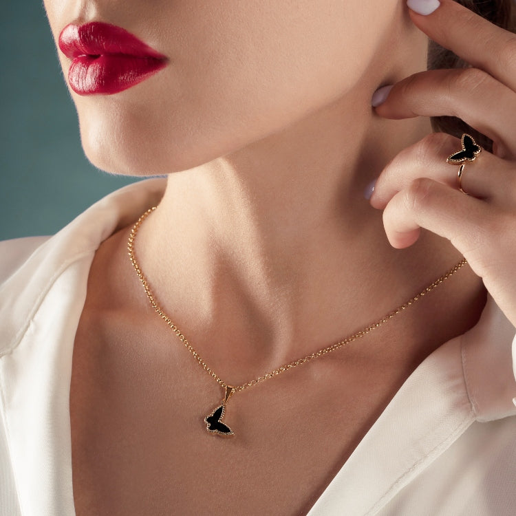 Real Gold GZVC Butterfly Black Pearl Pendant With Hollow Rolo Chain 5724 0115 CWP 1865