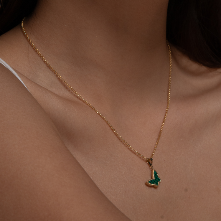 Real Gold GZVC Butterfly Green Pendant With Hollow Rolo Chain 5724 0285 CWP 1893