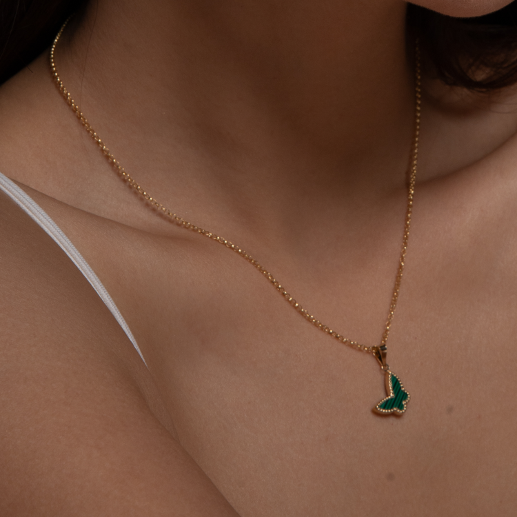 Real Gold GZVC Butterfly Green Pendant With Hollow Rolo Chain 5724 0285 CWP 1893
