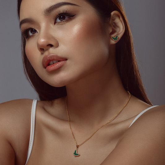 Real Gold GZVC Butterfly Green Pendant With Earring Set And Hollow Rolo Chain 5724 0285 SET1062