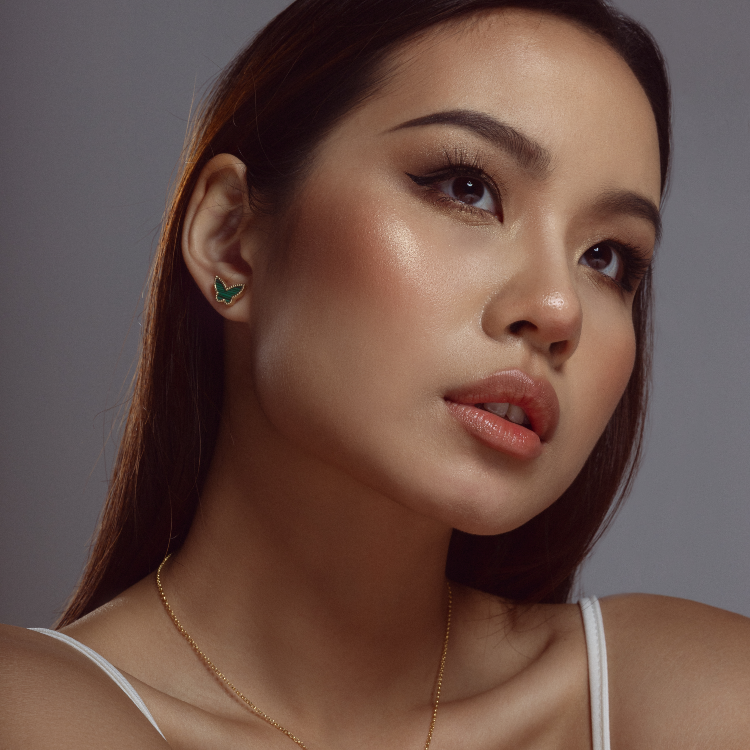 Real Gold GZVC Butterfly Green Pendant With Earring Set And Hollow Rolo Chain 5724 0285 SET1062