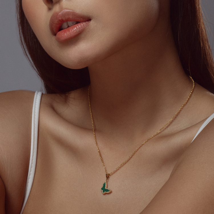 Real Gold GZVC Butterfly Green Pendant With Hollow Rolo Chain 5724 0285 CWP 1893