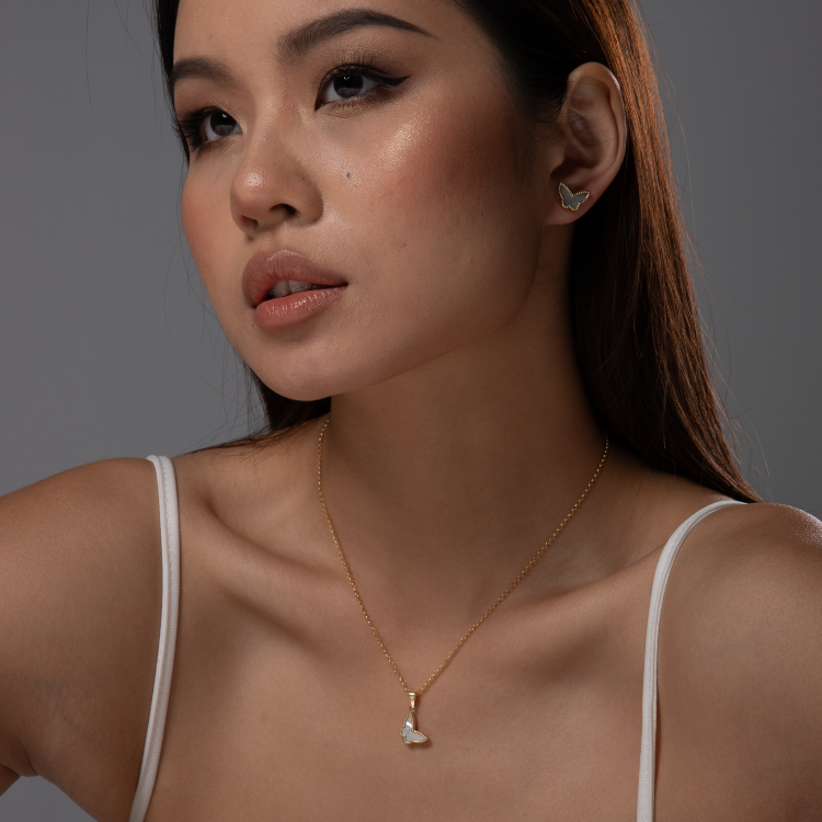 Real Gold GZVC Butterfly Pearl Pendant With Earring Set And Hollow Rolo Chain 5724 0115 SET1061