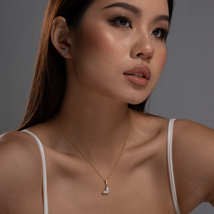 Real Gold GZVC Butterfly Pearl Pendant With Earring Set And Hollow Rolo Chain 5724 0115 SET1061