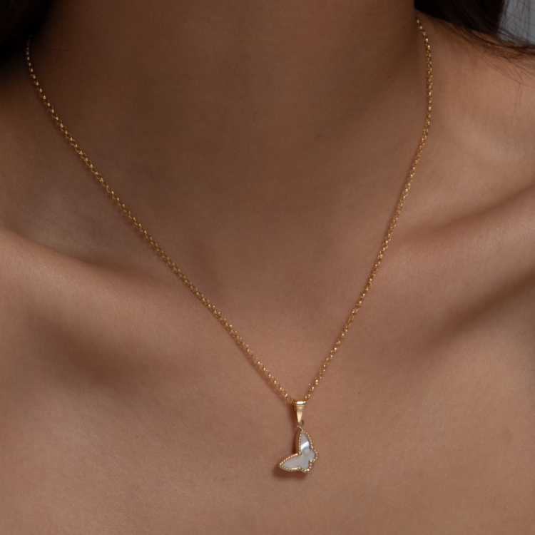 Real Gold GZVC Butterfly Pearl Pendant With Hollow Rolo Chain 5724 0115 CWP 1864