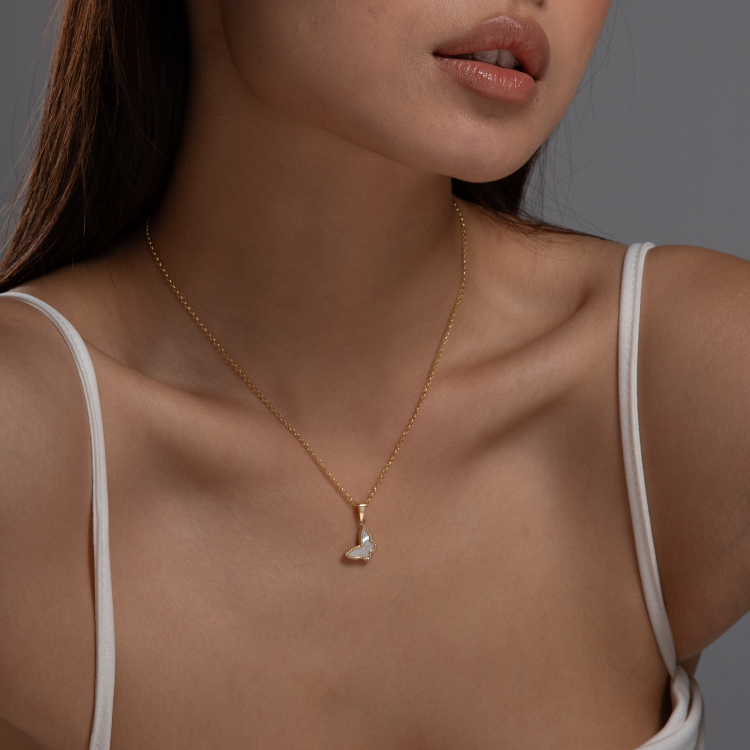 Real Gold GZVC Butterfly Pearl Pendant With Hollow Rolo Chain 5724 0115 CWP 1864