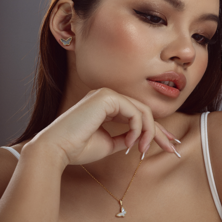 Real Gold GZVC Butterfly Pearl Pendant With Earring Set And Hollow Rolo Chain 5724 0115 SET1061