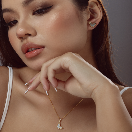 Real Gold GZVC Butterfly Pearl Pendant With Earring Set And Hollow Rolo Chain 5724 0115 SET1061