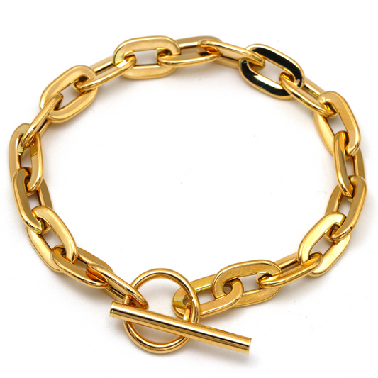 Real Gold Wide Link Bold Cable Chunky Chain With Round Dangler Lock 8 MM Thick Bracelet 2804 (19 C.M) BR1619