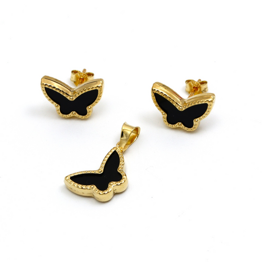 Real Gold GZVC Butterfly Black Earring Set + Pendant 0115-1PK SET1054