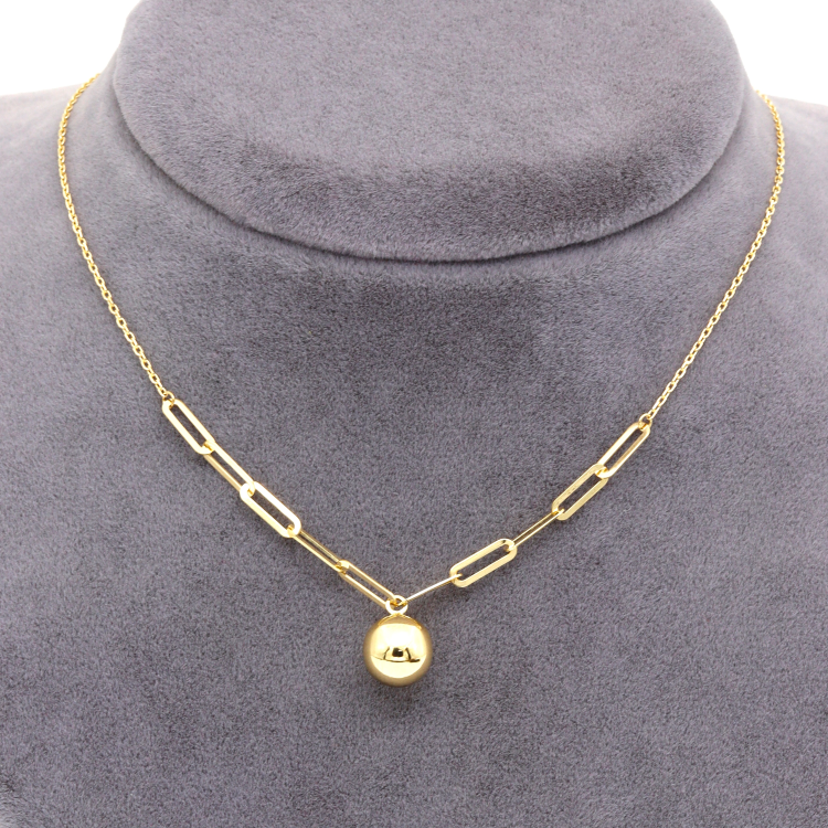 Real Gold 8 MM Ball Half Paper Clip Chain Adjustable Size Necklace 7790 N1394