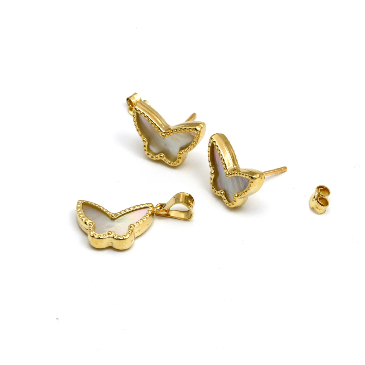 Real Gold GZVC Butterfly Pearl Earring Set + Pendant 0115-2PK SET1053