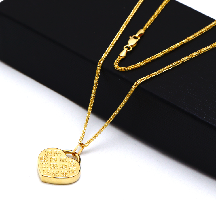 Real Gold GZLV Luxury Heart 2 Side 3D Pendant 0500/2KU With Wide Wheat Chain 1.5 MM Thick 4170 Necklace CWP 1820