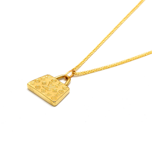 Real Gold GZLV Luxury Bag 2 Side 3D Pendant 0500/3KU With Wide Wheat Chain 1.5 MM Thick 4170 Necklace CWP 1819