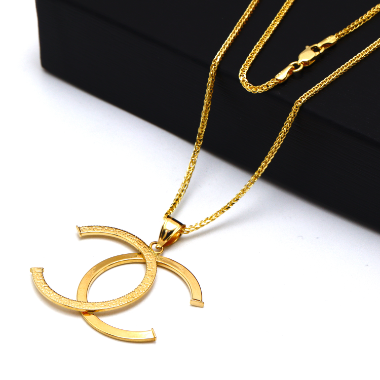 Real Gold GZCH Plain Maze Hoop Large Pendant, Model L0154 - 3KU, With Wide Wheat Chain, 1.5 MM Thick, Model 4170 CWP 1938