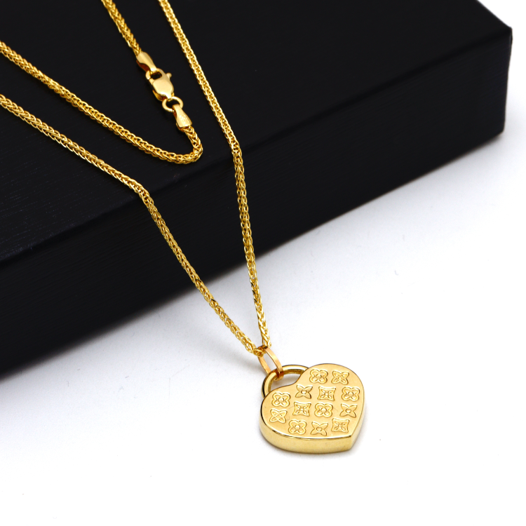 Real Gold GZLV Luxury Heart 2 Side 3D Pendant 0500/2KU With Wide Wheat Chain 1.5 MM Thick 4170 Necklace CWP 1820