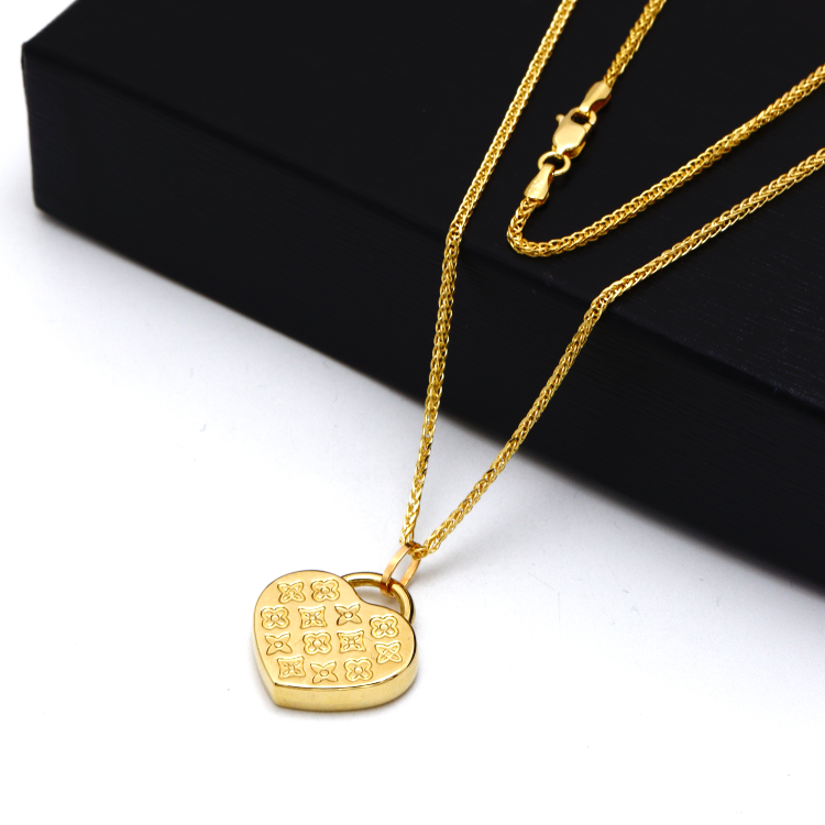 Real Gold GZLV Luxury Heart 2 Side 3D Pendant 0500/2KU With Wide Wheat Chain 1.5 MM Thick 4170 Necklace CWP 1820