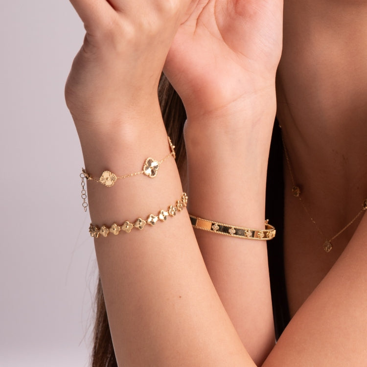 Real Gold Solid 5 Clover Adjustable Size Bracelet (15 + 2 = 17C.M) - Model 5VC GZJVN TBS-0732/1BL BR1882