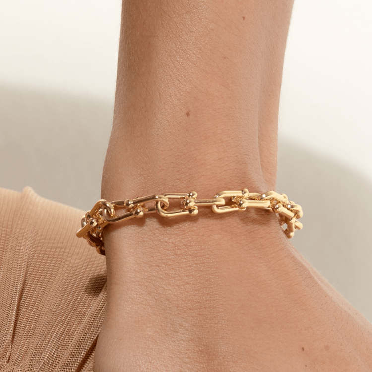 Real Gold GZTF Bold Chunky Solid Hardware Bracelet With Luxury Round Lock 4751 (18 C.M) BR1706