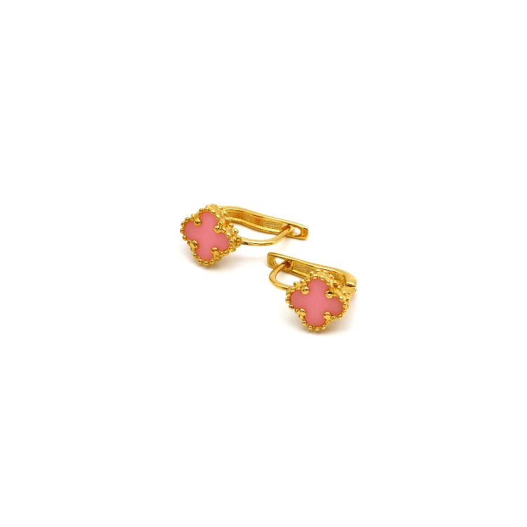 Real Gold Small Pink Clover Press Clip Earring Set - Model GZJVN E1925