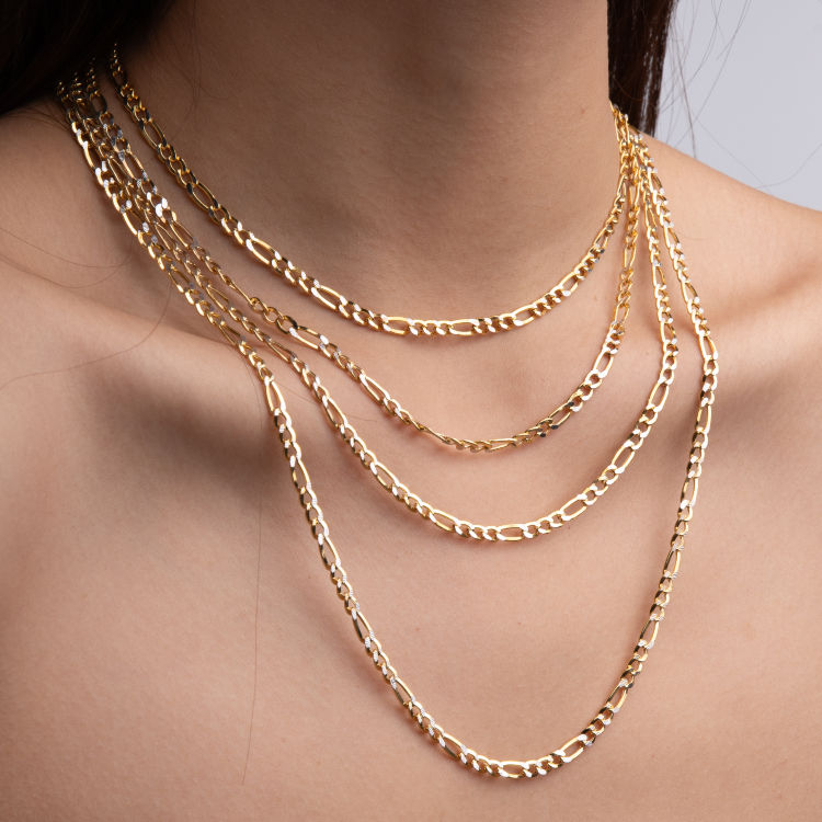 Real Gold GZCR Two Tone Figaro Solid Link Chain Necklace Unisex 7586 (60 C.M) CH1246