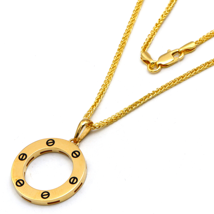 Real Gold GZCR Round Plain Screw Design Luxury Pendant 0869/1 With Wide Wheat 1.5 MM Thick Chain 4170 CWP 1914