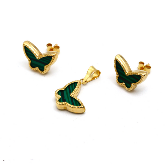 Real Gold GZVC Butterfly Green Pearl Earring Set + Pendant 0285 SET1059