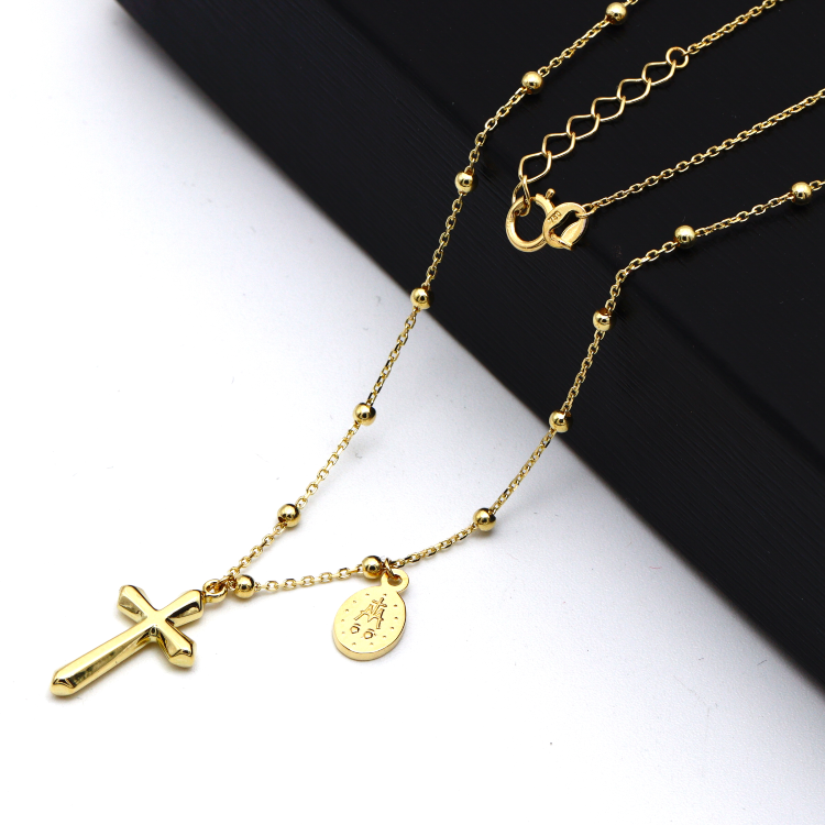 Real Gold 3D Dangler Mama Marry Cross With Beads Balls Choker Adjustable Size Necklace 0430 N1361