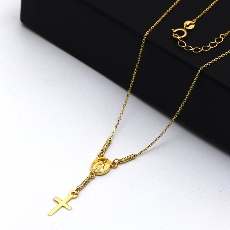 Real Gold 3D Marry With Rosary Cross With Beads Balls Adjustable Size Necklace 0488 N1362