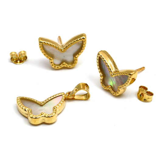 Real Gold GZVC Butterfly Pearl Earring Set + Pendant 0115-2PK SET1053