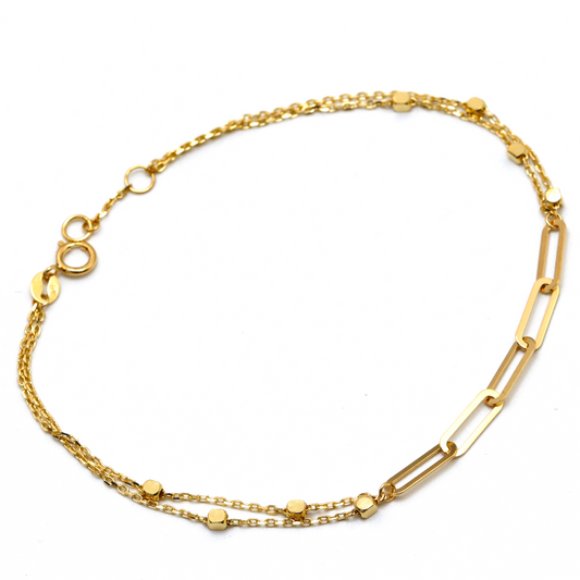 Real Gold Dual Chain Paper Clip With Square Cube Beads GZTF Adjustable Size Bracelet 8903 BR1593